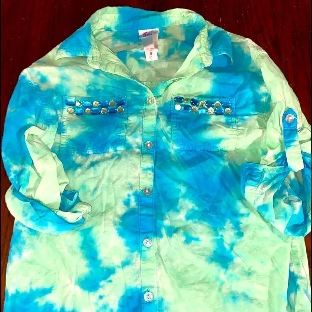 Girls justice tye dye bling button up